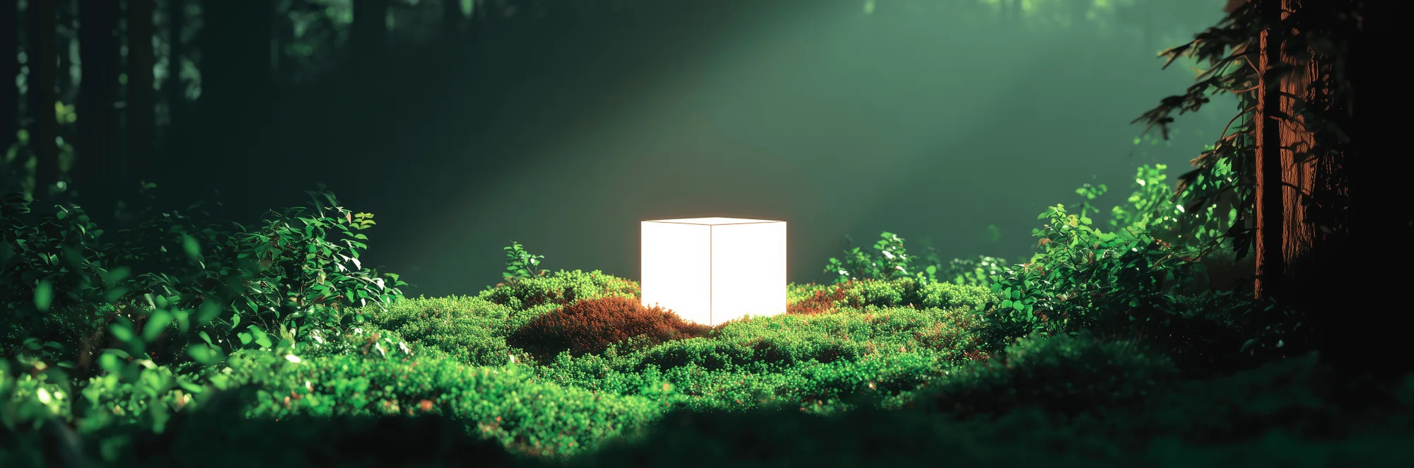 Concept render of a glowing cube lighting up a dark forest floor